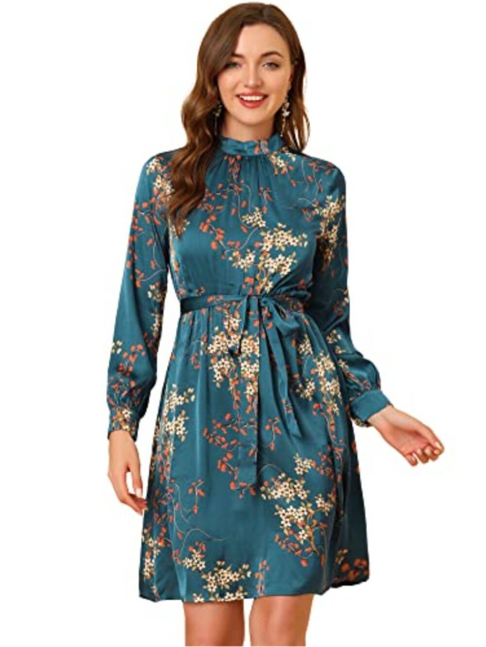 Women's A-Line Mock Neck Long Sleeve Floral Dress